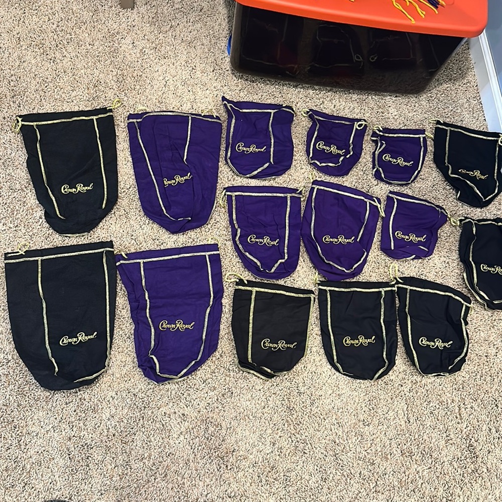 Several sizes crown royal bags. Purple and black   Great condition